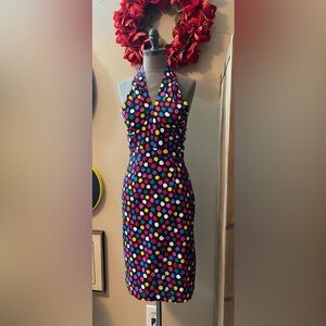 Strapless Polka Dot Sheath Dress in Black with Multicolor Dots